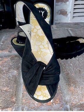 Fly London Black Knotted Slingback Wedge Sandals